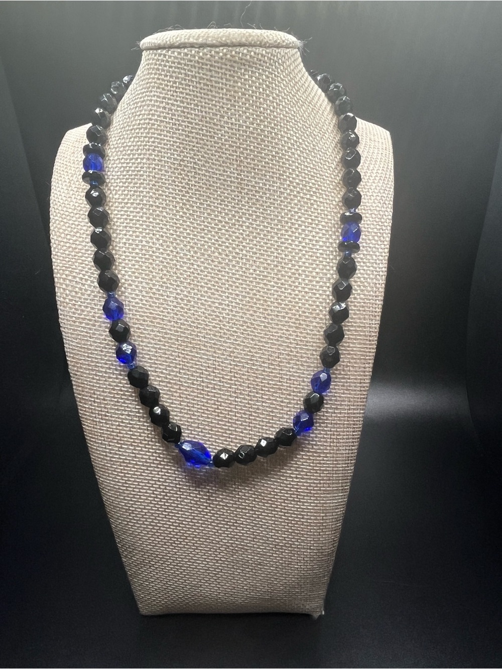 Vintage Cobalt Blue and Black Faceted Glass Bead Necklace Art Deco Style
